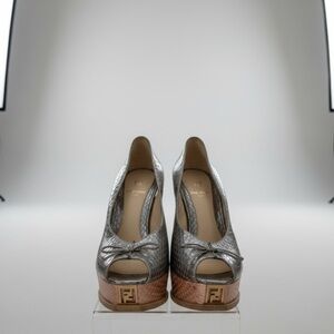EUC Fendi Vintage Metallic Snakeskin Peep Toe Pumps